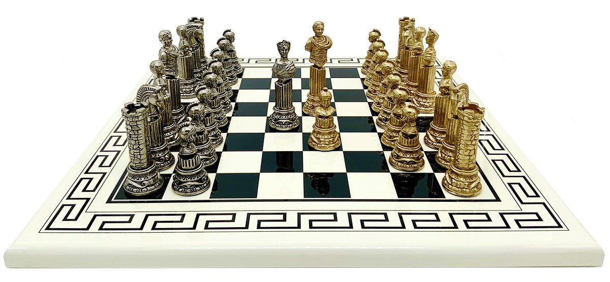 Conjunto Imperio Romano III Tablero de Ajedrez Griego en Madera Maciza Blanca & Juego de Ajedrez en Metal Macizo - Imagen 2