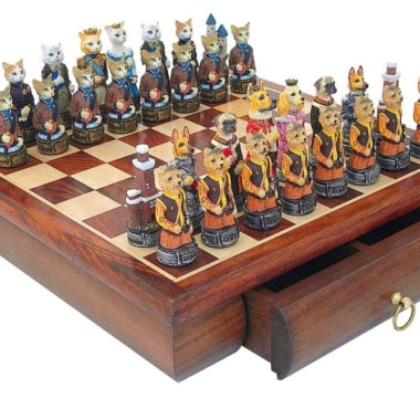 Conjunto Perros y Gatos Tablero de Ajedrez de Madera de Rosa con Cajón de Almacenamiento & Juego de Ajedrez de Resina Pintado a Mano