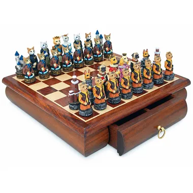Juego de ajedrez completo de perros y gatos en resina sobre tablero de madera con cajones