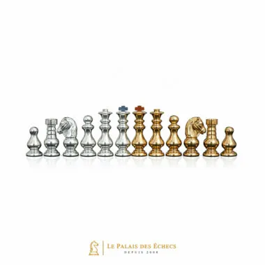 Juego de ajedrez "francés" de latón macizo bañado en oro y plata