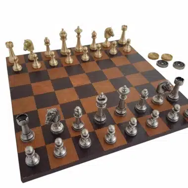 Juego de ajedrez completo Staunton, piezas de latón dorado y plateado sobre tablero de cuero marrón