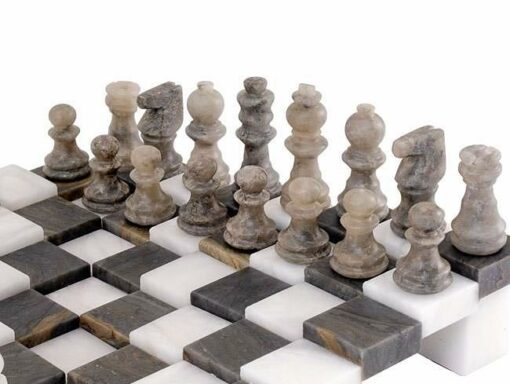 Tablero de ajedrez y juego de ajedrez 3D "gris y blanco" en alabastro de Volterra