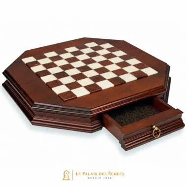 Tablero de ajedrez octogonal de madera maciza con cajón de almacenamiento abierto