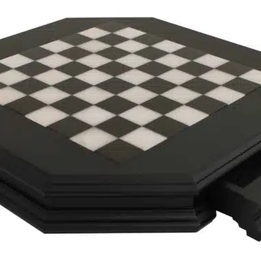 Tablero de ajedrez blanco y negro de madera maciza con tablero de alabastro y cajón