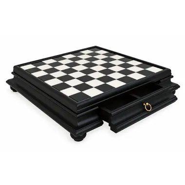 Tablero de ajedrez con pie negro y blanco con cajón de almacenamiento abierto