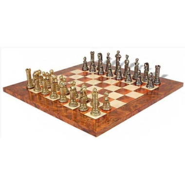 Conjunto Imperio Romano VIII Tablero de Ajedrez de Madera de Olmo y Brezo y Juego de Ajedrez de Metal