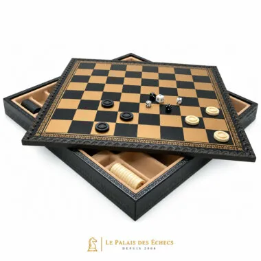 Caja Mary Stuart VIII abierta con tablero y fichas de backgammon colocadas