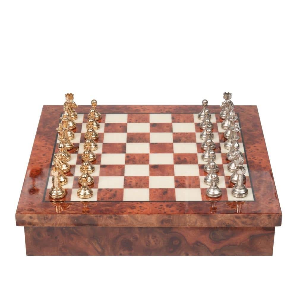 Conjunto Bonito Flower II Tablero de Ajedrez de Madera de Olmo y Brezo & Juego de Ajedrez en Metal Chapado en Oro y Plata - Imagen 2