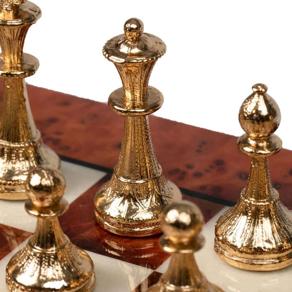 Conjunto Bonito Flower II Tablero de Ajedrez de Madera de Olmo y Brezo & Juego de Ajedrez en Metal Chapado en Oro y Plata - Imagen 3