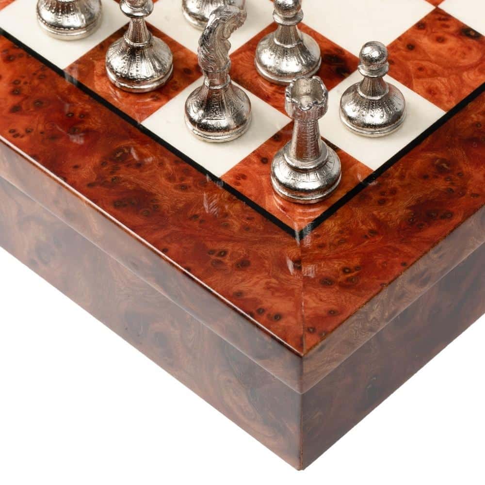 Conjunto Bonito Flower II Tablero de Ajedrez de Madera de Olmo y Brezo & Juego de Ajedrez en Metal Chapado en Oro y Plata - Imagen 6