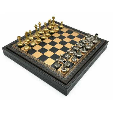 Juego de ajedrez completo Mignon Flower IX con tablero negro y piezas metálicas doradas y plateadas