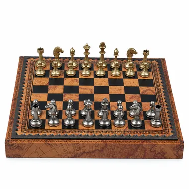Juego de ajedrez Mignon Flower completo, tablero de símil cuero y piezas metálicas doradas y plateadas