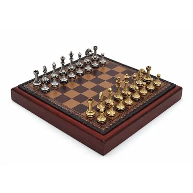 Juego de ajedrez completo Mignon Flower VIII con tablero rojo y piezas doradas y plateadas