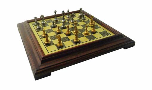 Juego de ajedrez "Mignon Flower III" con soporte de madera con efecto de latón y juego de ajedrez de metal sólido