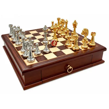 Juego de ajedrez Classic Flower 3 con tablero de madera y piezas chapadas en oro y plata