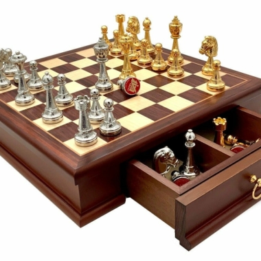 Alternative view of Conjunto Classic Flower 3 Tablero de Ajedrez con Cajón de Almacenamiento de Madera y Juego de Ajedrez de Metal Chapado en Oro y Plata