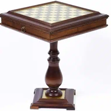 Mesa de ajedrez de madera con respaldo y compartimento de almacenamiento integrado