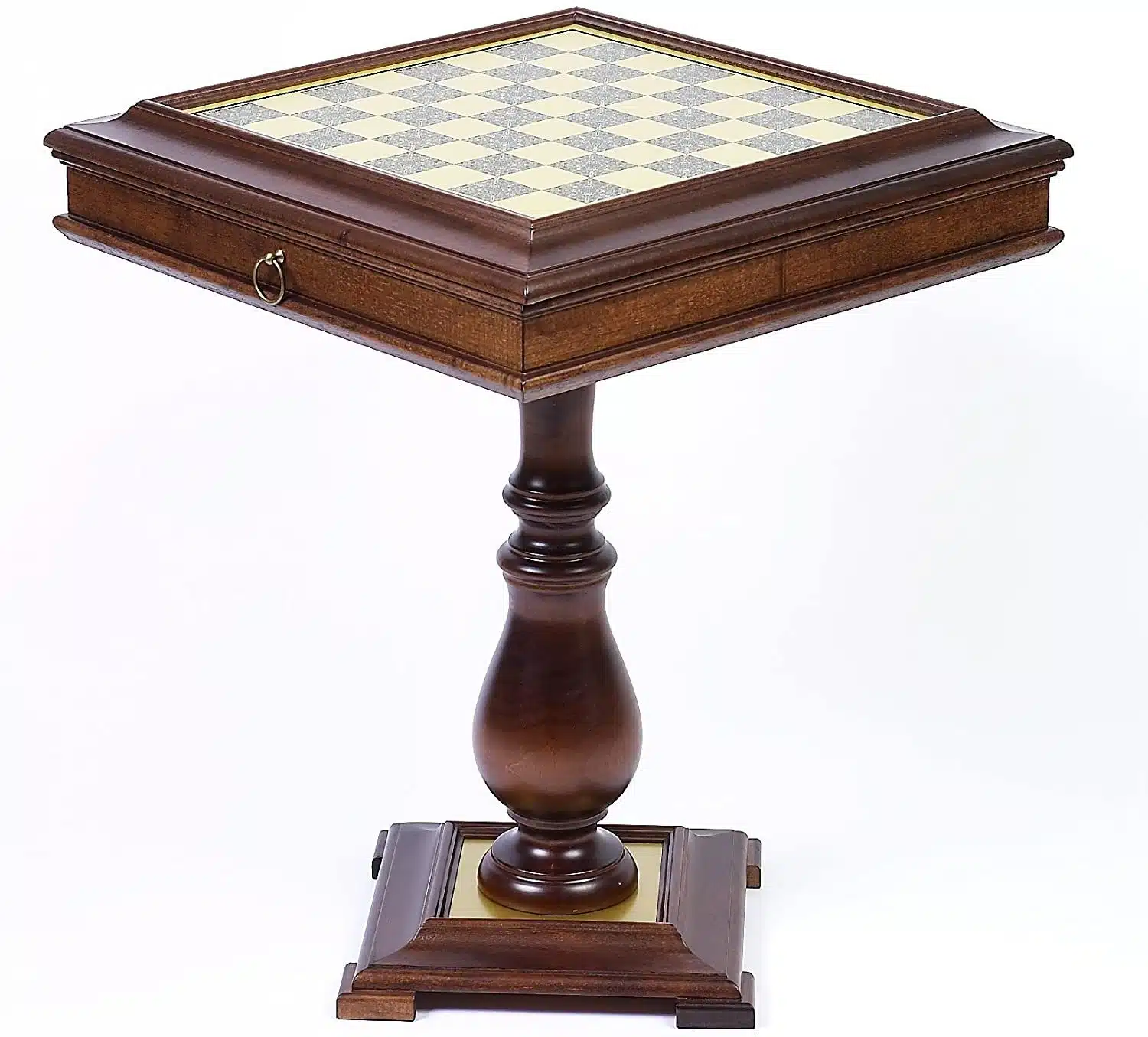 Mesa de ajedrez de madera con respaldo y compartimento de almacenamiento integrado