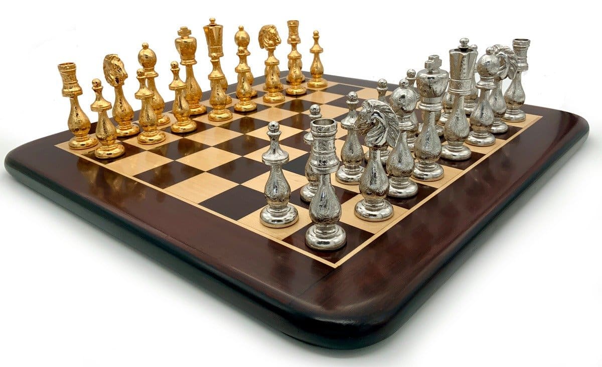 Conjunto Estilo Árabe VI Tablero de Ajedrez de Madera de Rosa y Arce y Juego de Ajedrez de Metal Chapado en Oro y Plata - Imagen 3