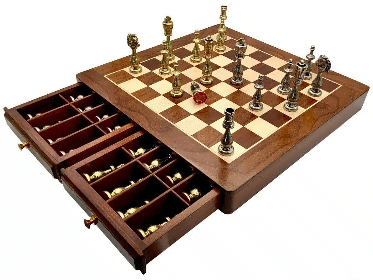 Conjunto Oriental III Tablero de Ajedrez de Madera de Arce y Rosa Dorado & Juego de Ajedrez de Metal