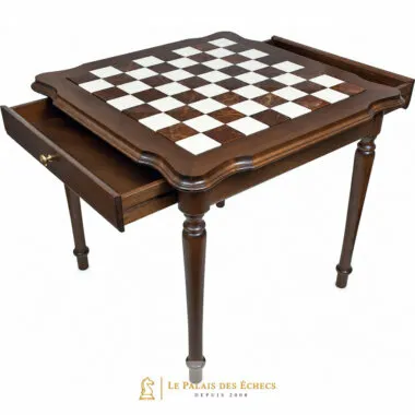 Mesa Luxe III, cajón abierto que muestra el almacenamiento integrado bajo el tablero