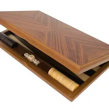 Backgammon York de Luxe cerrado, caja de madera con cajón abierto