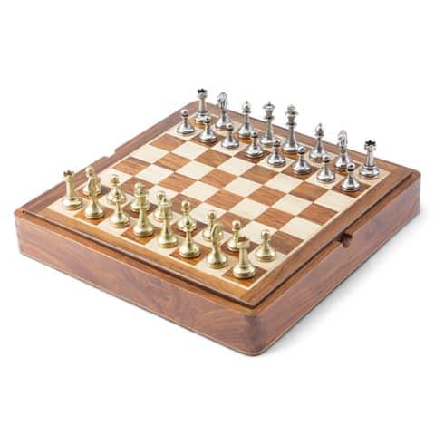 Conjunto Bonito Flower IV Tablero de Ajedrez de Madera de Rosa Dorada y Juego de Ajedrez de Metal Macizo