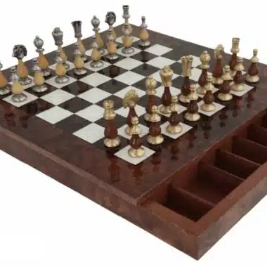 Juego de ajedrez completo Oriental II con tablero de raíz de brezo y piezas de latón y madera