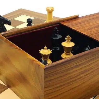 Primer plano de la caja abierta mostrando reyes y damas guardados en el interior