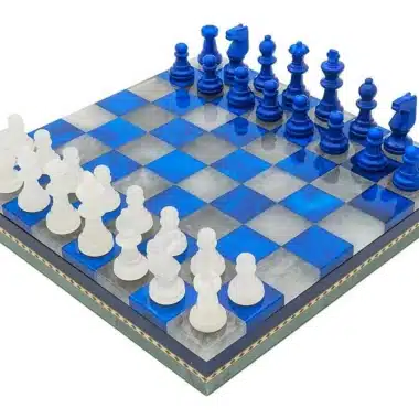 Juego de ajedrez de mármol antiguo azul y blanco con caja de almacenamiento