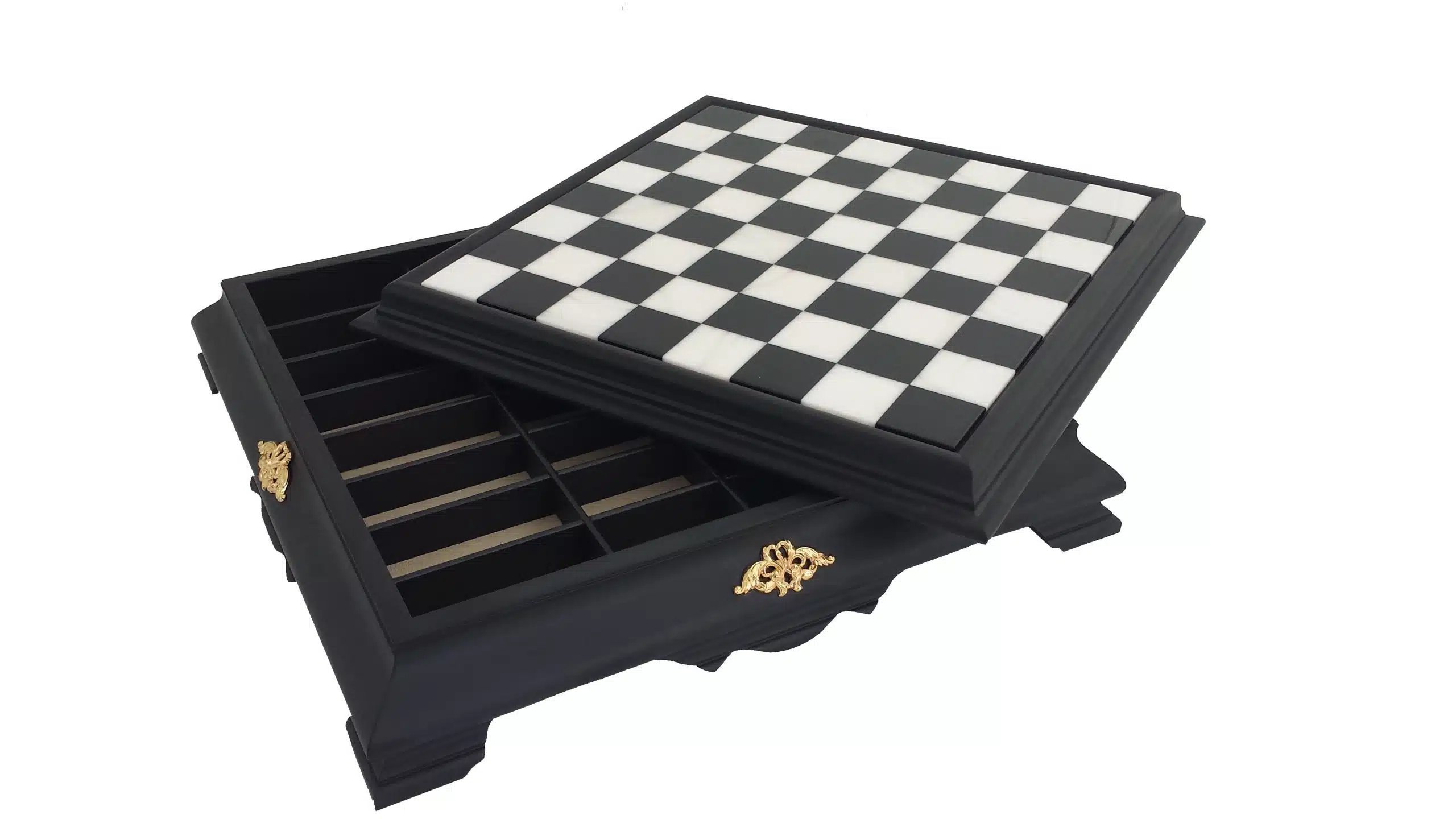 Tablero de Ajedrez en Pie Negro y Blanco de Madera y Tablero de Juego en Mármol de Carrara con Almacenamiento - Imagen 2