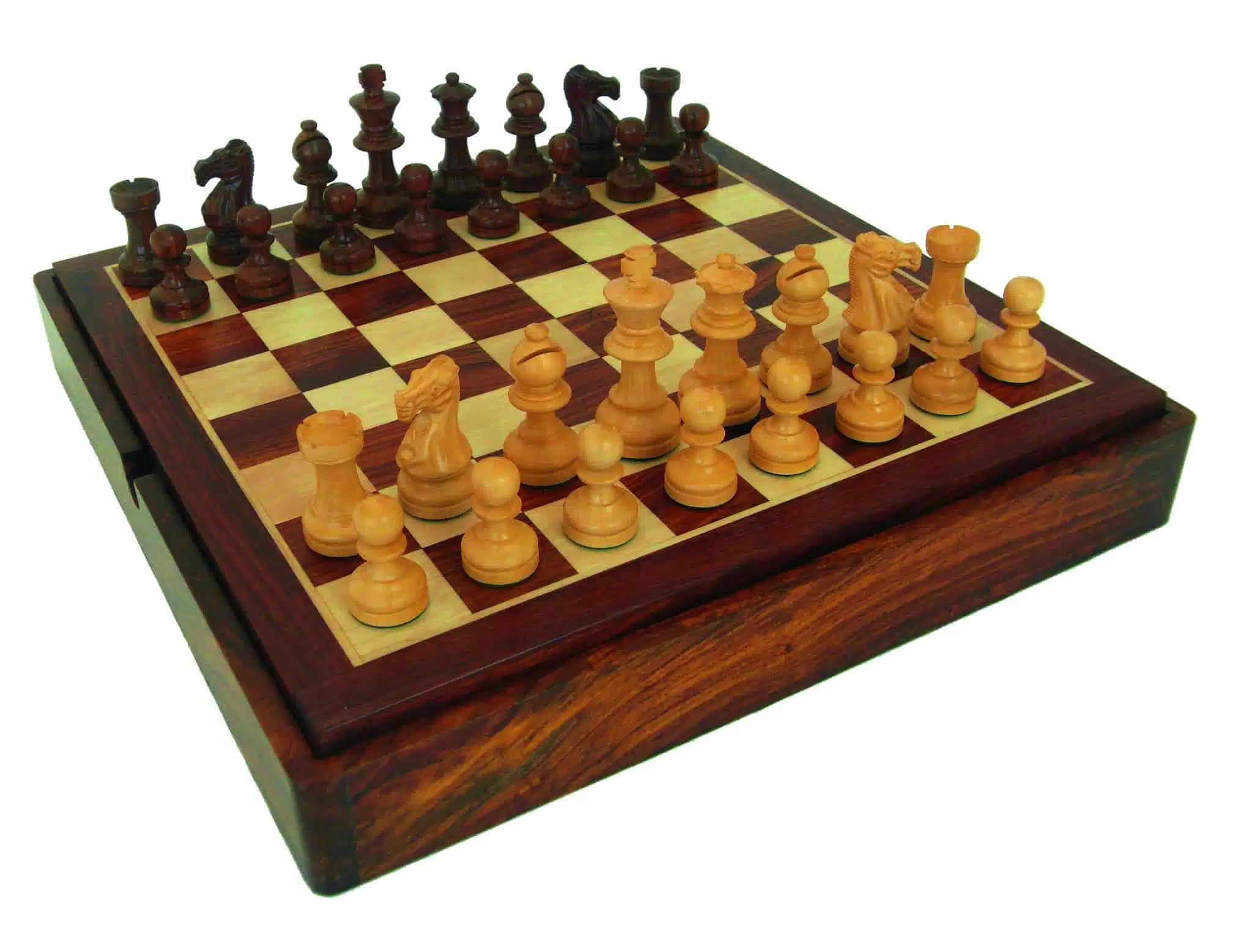 Conjunto Classic VIII Tablero de Ajedrez de Madera de Rosa Dorada con Almacenamiento Integrado & Juego de Ajedrez de Madera de Rosa Dorada
