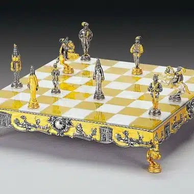 Conjunto Gulliver y los Lilliputienses Tablero y Juego de Ajedrez en Bronce, Onice y Oro de 24 Quilates