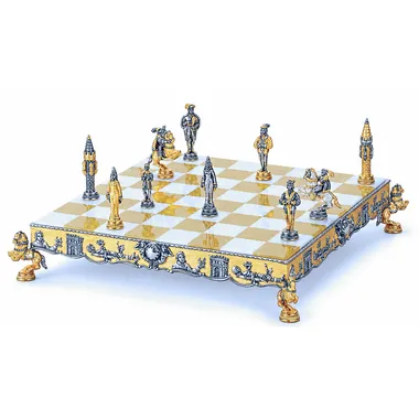 Conjunto Gulliver y los Lilliputienses Tablero y Juego de Ajedrez en Bronce, Onice y Oro de 24 Quilates