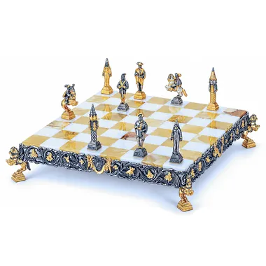 Conjunto Gulliver y los Lilliputienses II Tablero y Juego de Ajedrez en Bronce, Onice y Oro de 24 Quilates