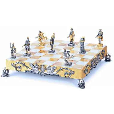 Conjunto Imperio Romano Tablero de Ajedrez y Juego de Ajedrez en Bronce, Ónix y Oro de 24 Quilates