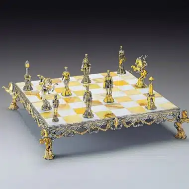 Conjunto Renacimiento Florentino Siglo XV Tablero de Ajedrez y Juego de Ajedrez en Bronce, Onice y Oro de 24 Quilates