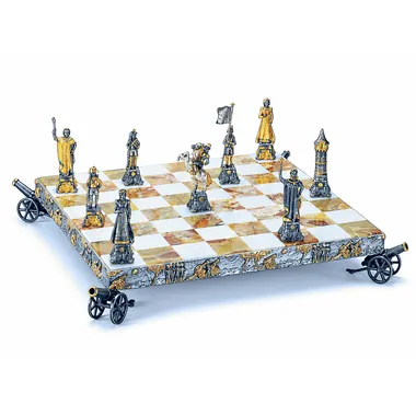 Conjunto Napoleón Bonaparte Tablero de Ajedrez y Juego de Ajedrez en Bronce, Ónix y Oro de 24 Quilates