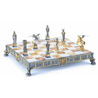 Conjunto Príncipe Siegfried Héroes de los Nibelungos Tablero de Ajedrez y Juego de Ajedrez en Bronce, Ónix y Oro de 24 Quilates