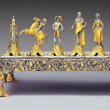 Ensemble "Louis XIV le Roi Soleil II" Echiquier et Jeu d'Echecs en Bronze, Onyx et Or 24 Carats