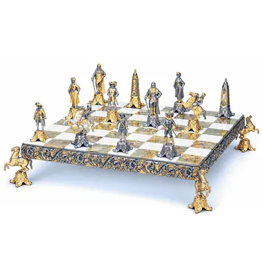 Conjunto Luis XIV el Rey Sol II Tablero de Ajedrez y Juego de Ajedrez en Bronce, Ónix y Oro de 24 Quilates