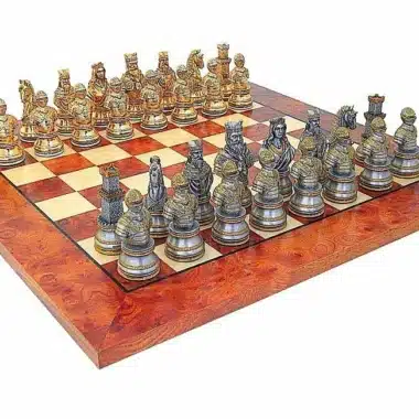Conjunto Busto Medieval de Alta Gama Tablero de Ajedrez de Madera de Olmo y Brezo & Juego de Ajedrez de Estaño Macizo Chapado en Oro y Plata