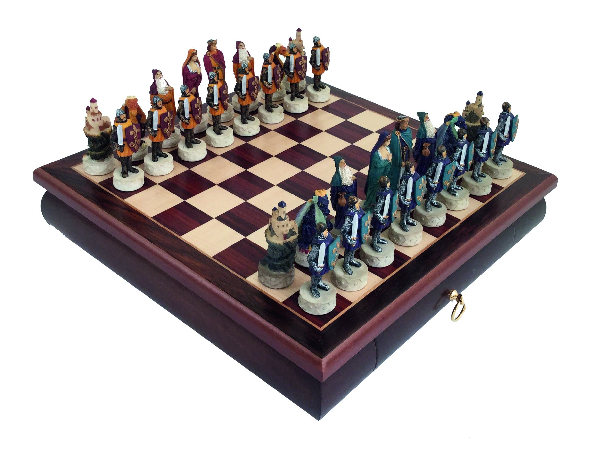 Conjunto Medieval VII Tablero de Ajedrez de Madera de Rosa con Cajón de Almacenamiento & Juego de Ajedrez de Resina Pintado a Mano