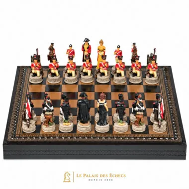 Juego de ajedrez completo Batalla de Waterloo III, tablero de símil cuero y piezas pintadas