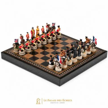Juego de ajedrez Batalla de Waterloo III, piezas inglesas y francesas enfrentadas en el tablero