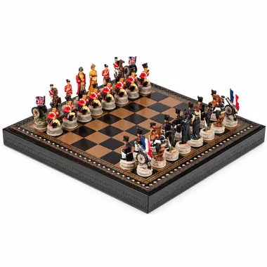 Juego de ajedrez Batalla de Waterloo III, piezas inglesas y francesas enfrentadas en el tablero
