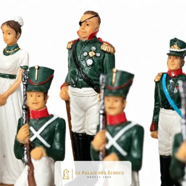 Oficial tuerto condecorado rodeado de soldados y la dama con vestido blanco