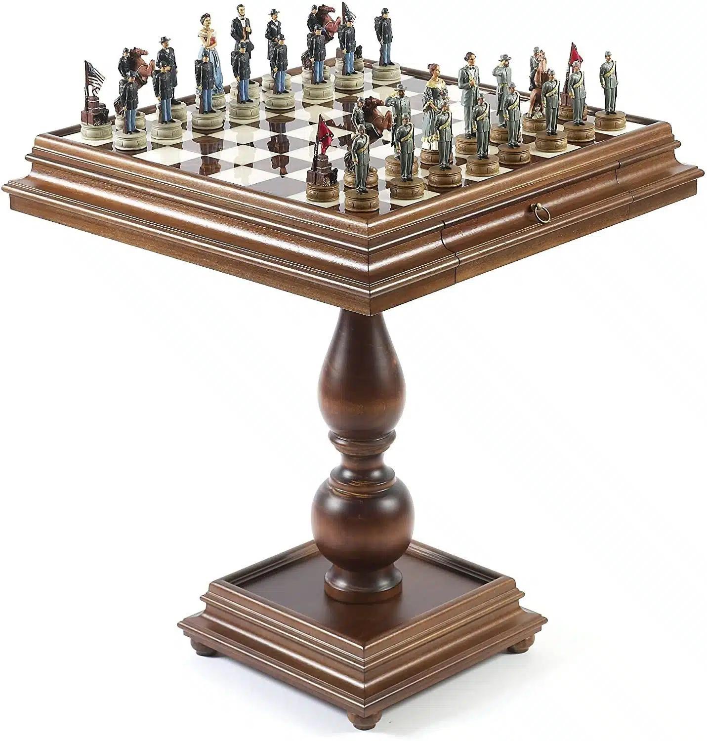 Juego de piezas de ajedrez y mesa de madera y mármol de la Guerra Civil