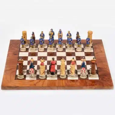 Tablero de ajedrez de madera de olmo y brezo pintado a mano y juego de ajedrez de resina
