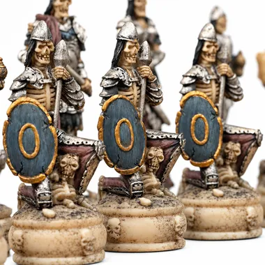 Peones esqueleto con escudos azules marcados con un cero dorado